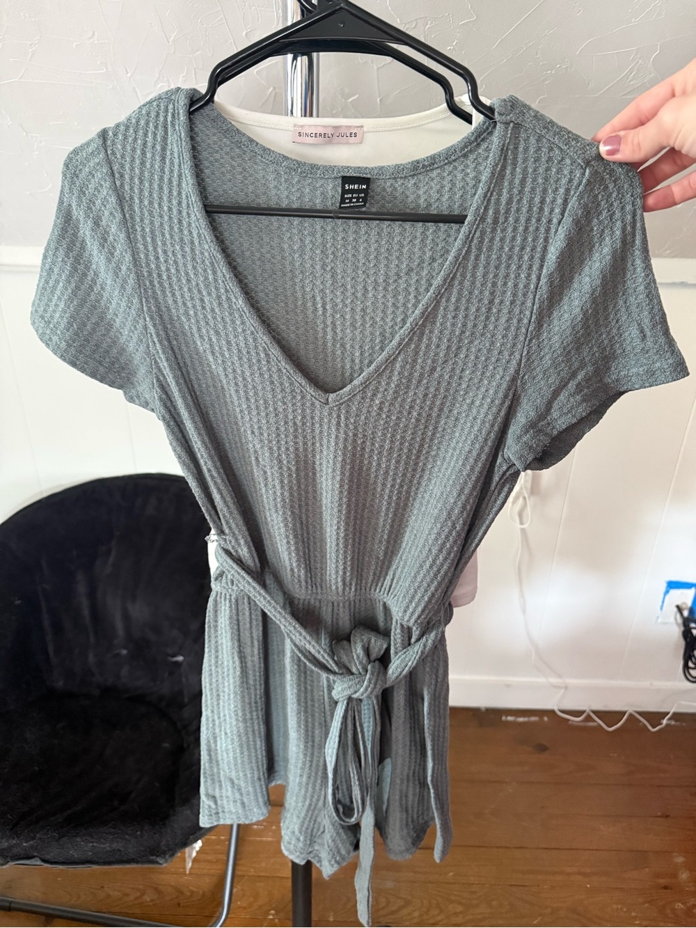 SHEIN Gray Waffle Knit Short Sleeve Romper